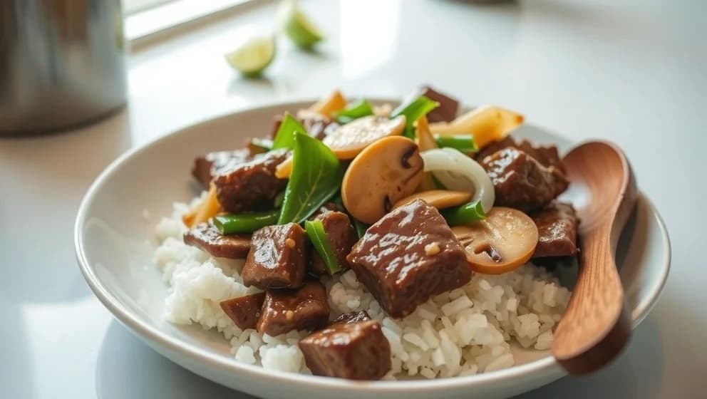 Biff med bambuskott som på restaurang